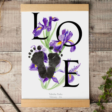 February birth month flower Iris footprint kit in a wooden picture hanger