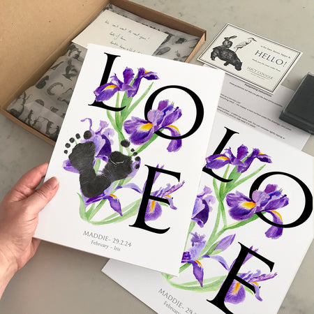 February birth month flower Iris footprint kit unboxed